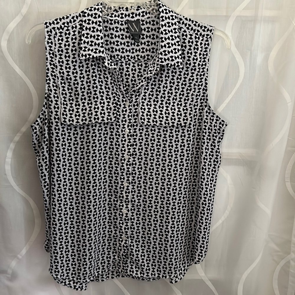 Worthington, Sleeveless, Sheer, Lightweight, White & Black Button Down Top, PXL